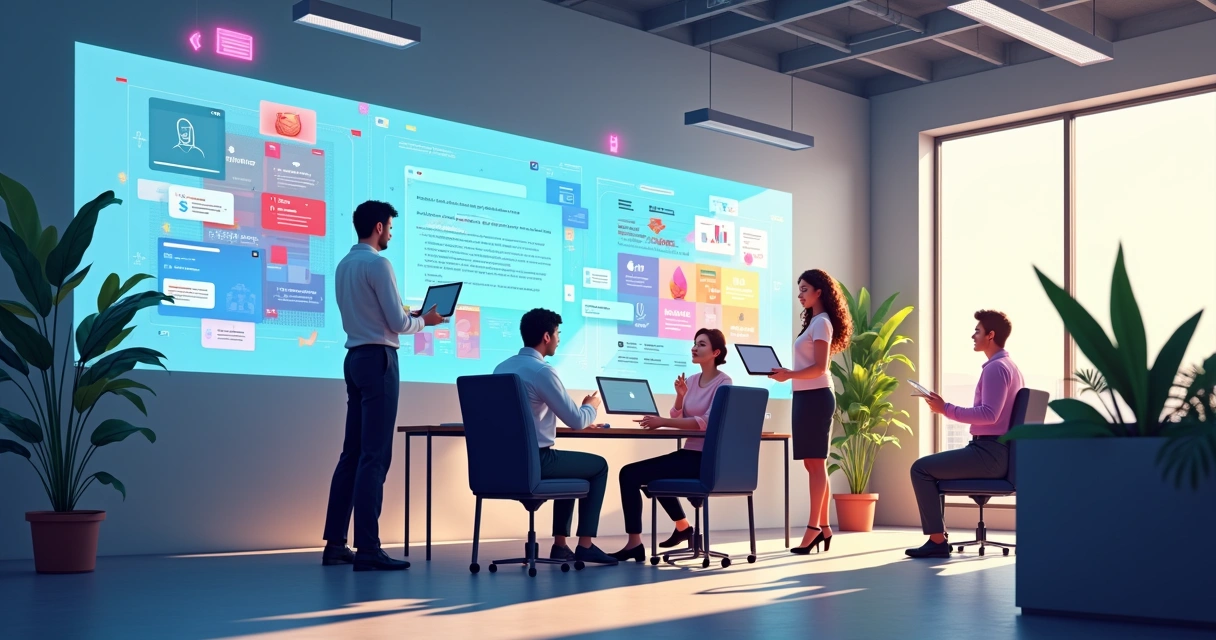 Equipe de pessoas criando site em telas grandes com elementos digitais flutuantes 
