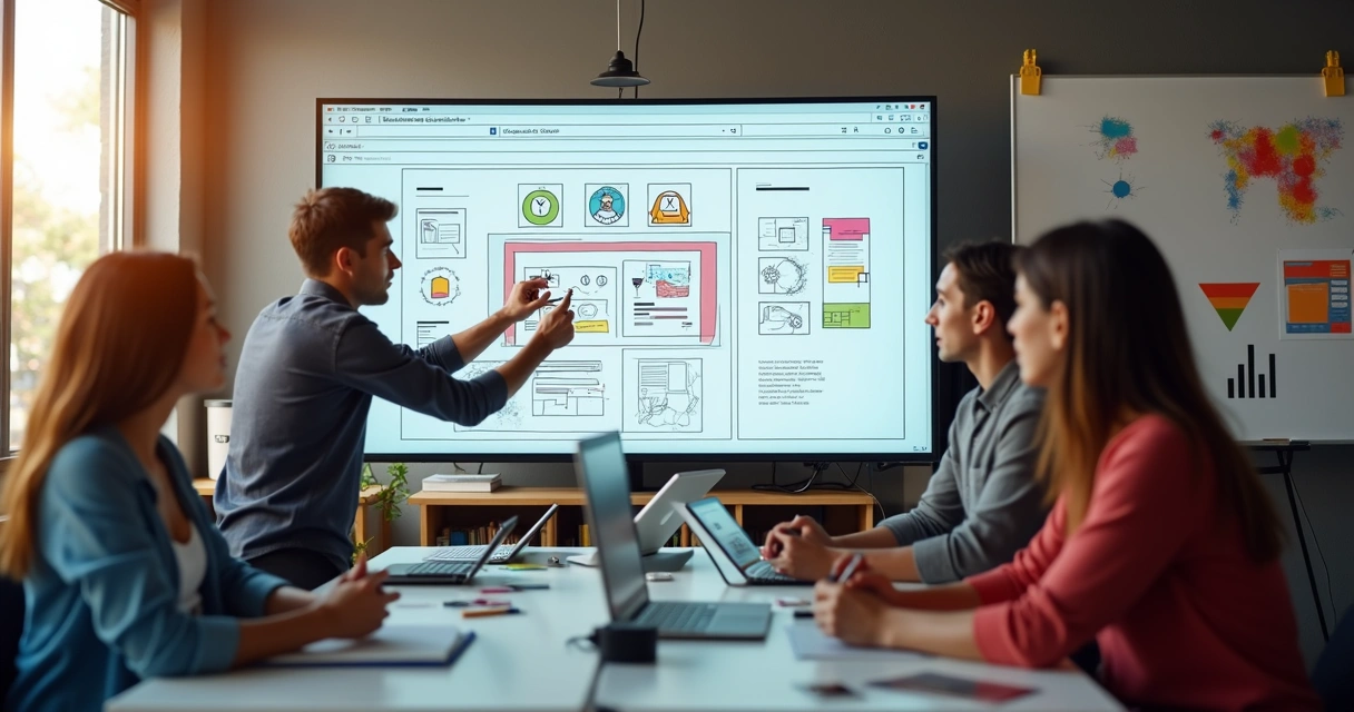 Equipe de web designers criando site personalizado em tela grande 