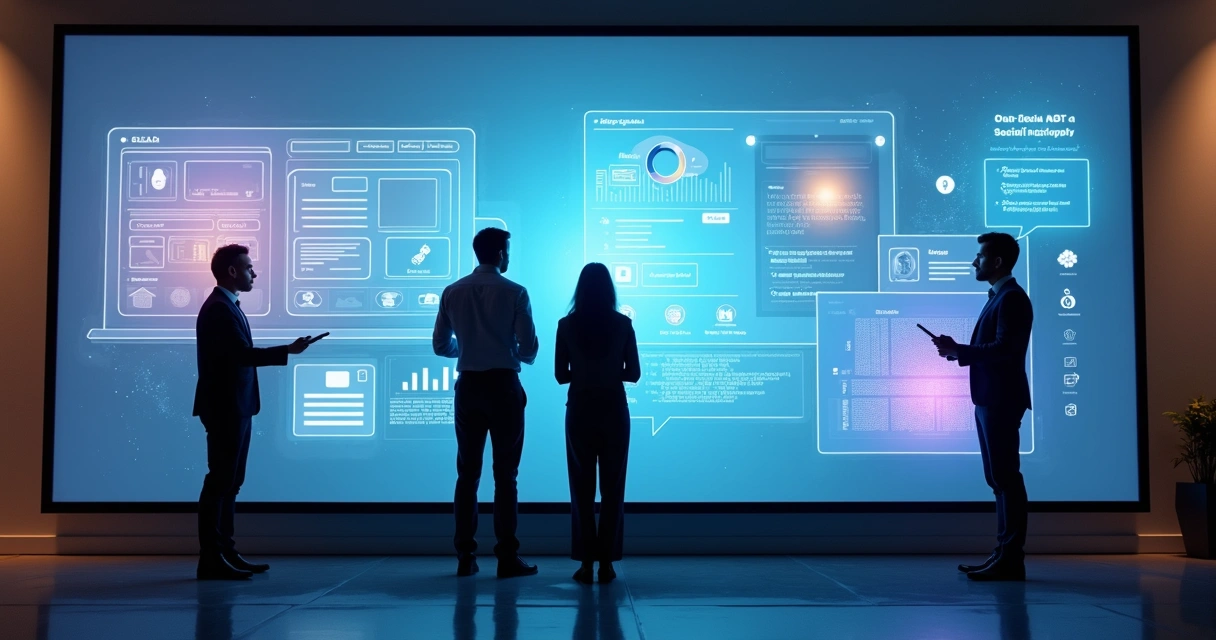 Equipe de marketing criando site profissional em parede interativa digital 