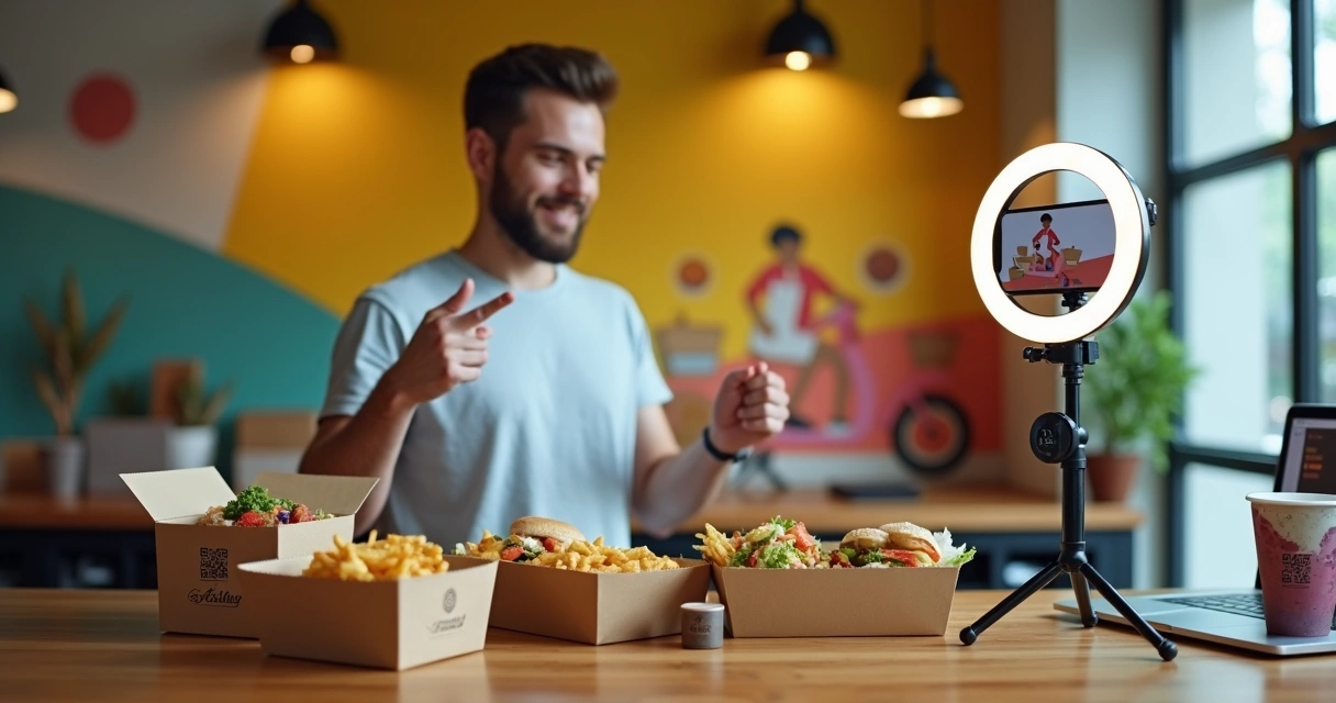 Jovem gravando vídeo curto de delivery com comida e celular em tripé 