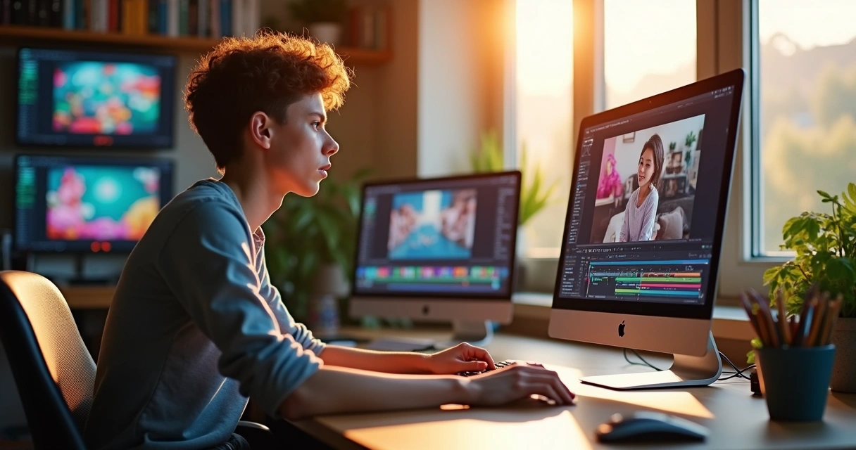 Pessoa em mesa de trabalho produzindo vídeo em computador usando ferramentas de IA 