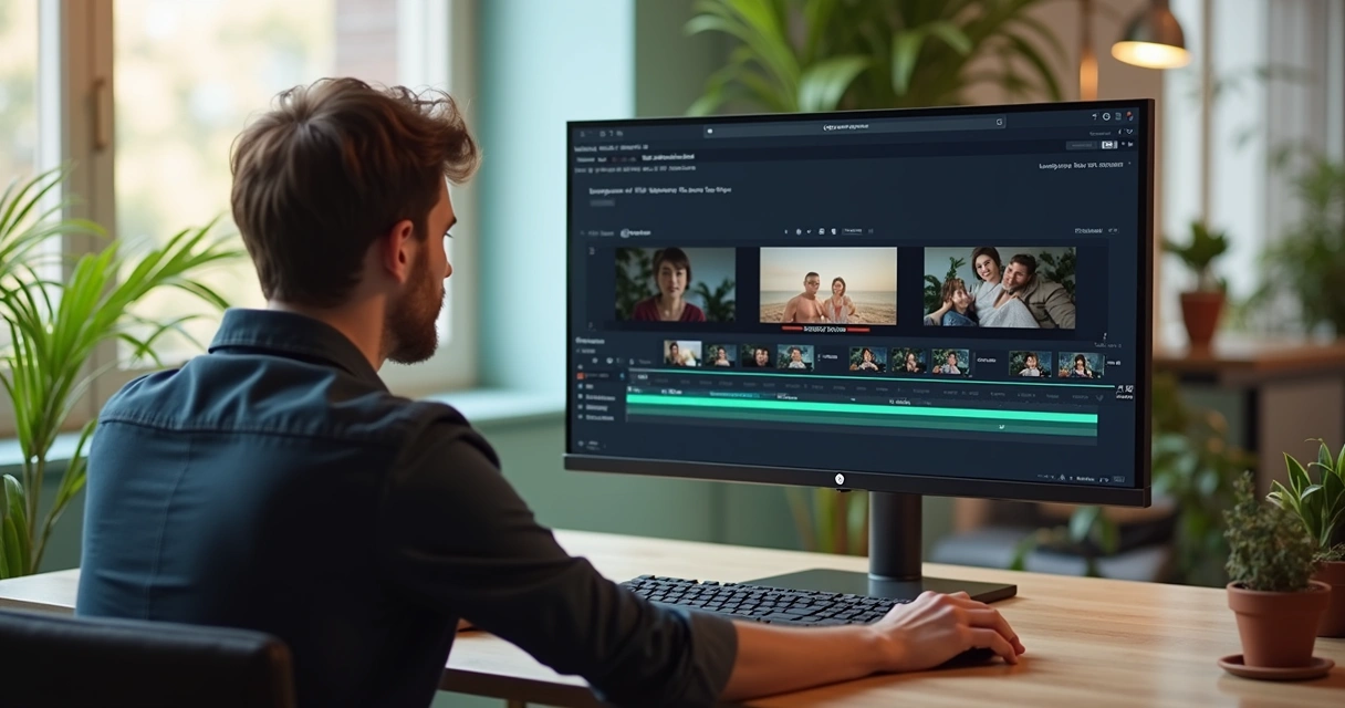 Pessoa utilizando computador para criar vídeos por comando de texto 