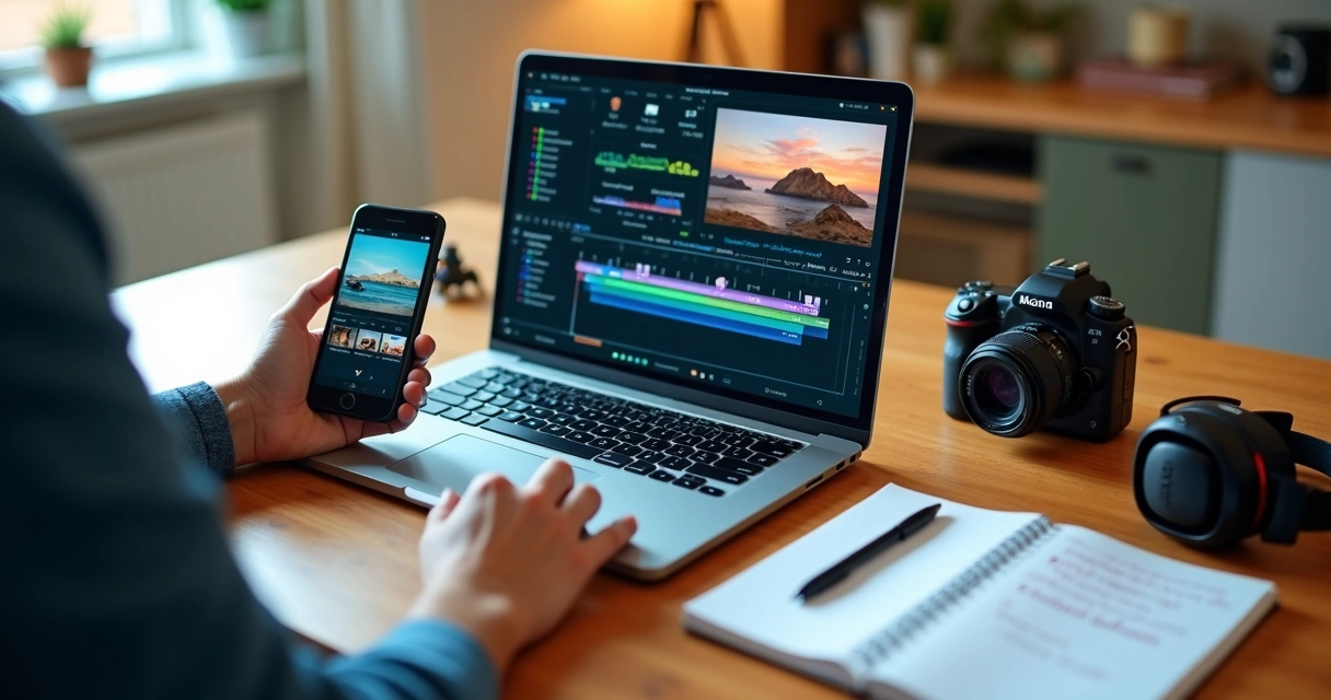 Empreendedor editando vídeo de vendas em notebook com interface de editor na tela 
