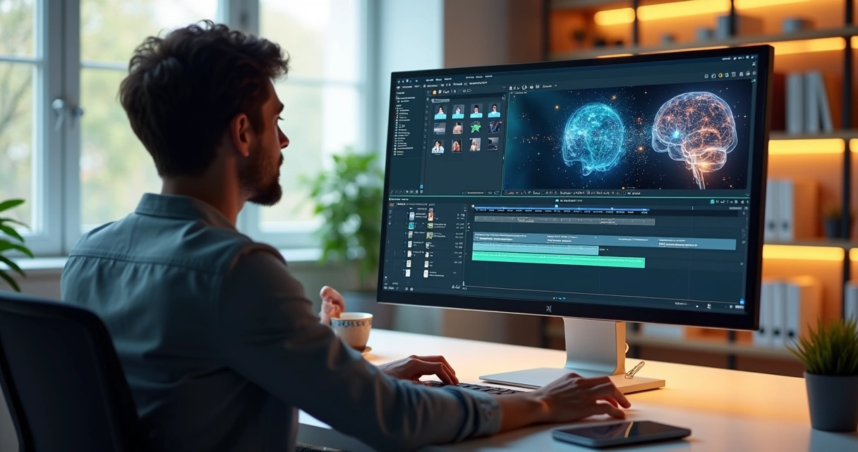 Pessoa criando videoaula com inteligência artificial em computador moderno com tela mostrando edição de vídeo e elementos digitais 