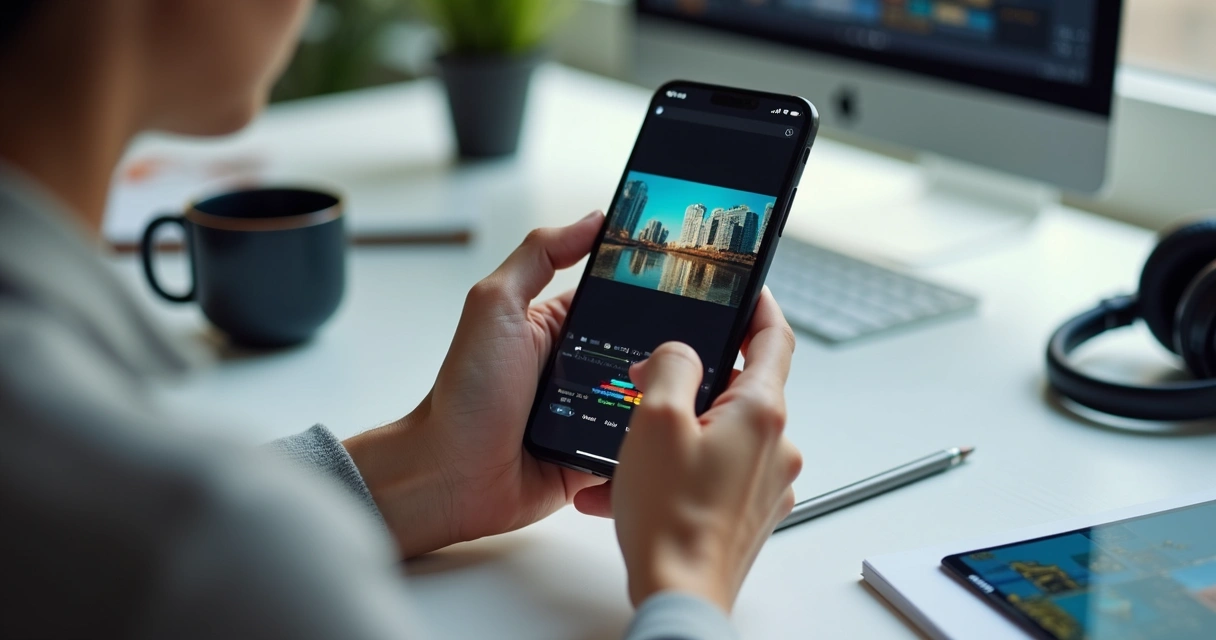 Pessoa editando vídeo de vendas no smartphone em ambiente moderno 