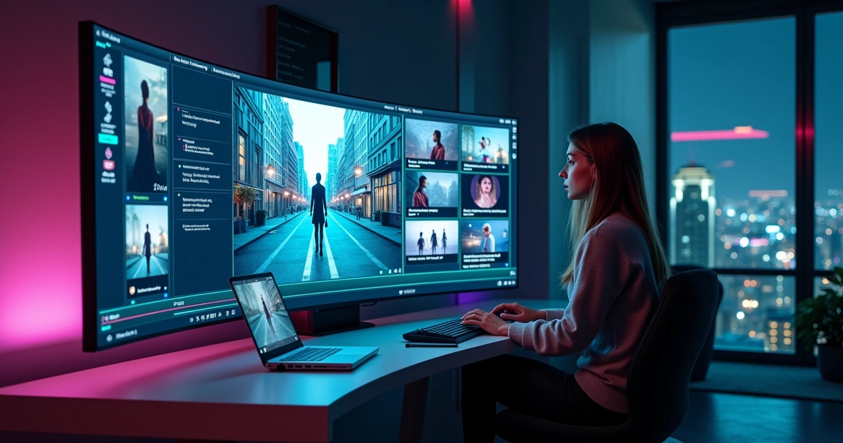 Mulher analisando painel gigante com frames e imagens de referência para gerar vídeo com IA 