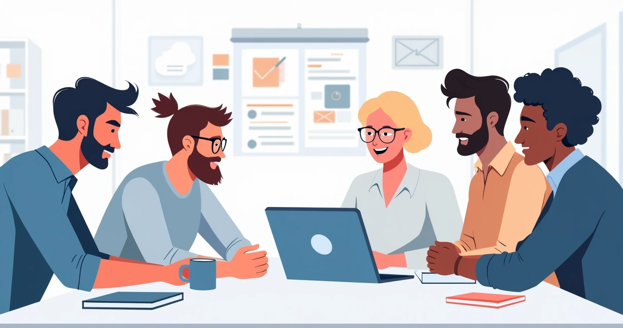 Equipe ao redor de um notebook colaborando em um documento online 