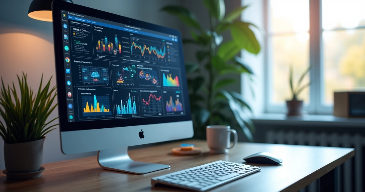 Tela de computador exibindo painel de controle de app empresarial com gráficos de IA e automação 