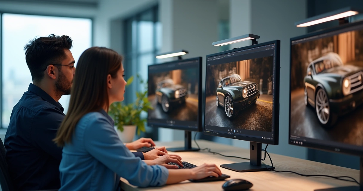 Equipe ajustando imagem de produto com tecnologia 3D 