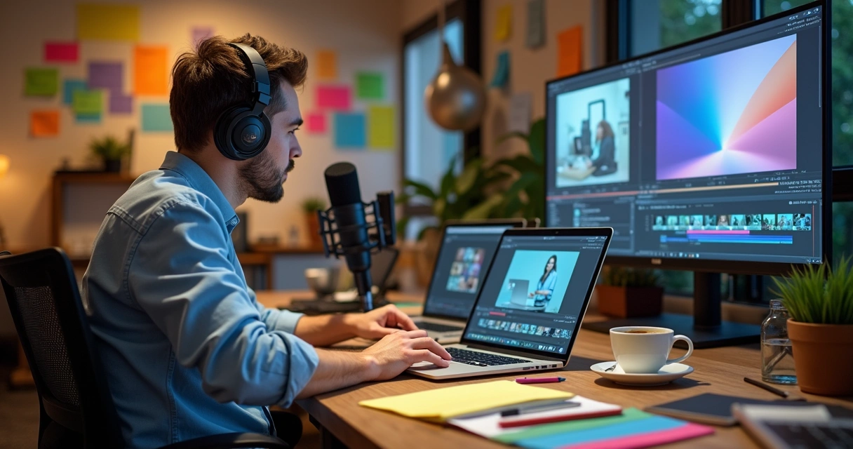 Personagem criando conteúdo digital em ambiente criativo com equipamentos modernos 