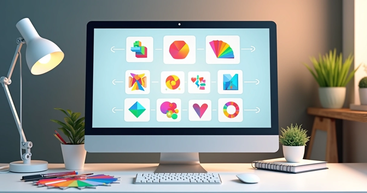 Logos coloridos e key visual alinhados em tela digital 