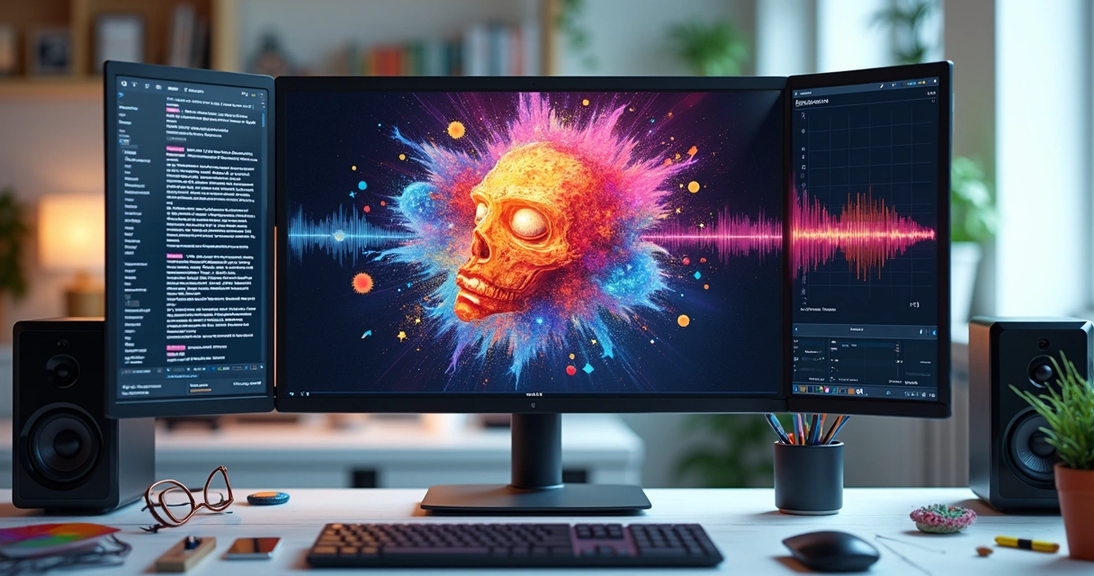 Diversos exemplos de conteúdos gerados por IA, como texto, imagem e áudio 