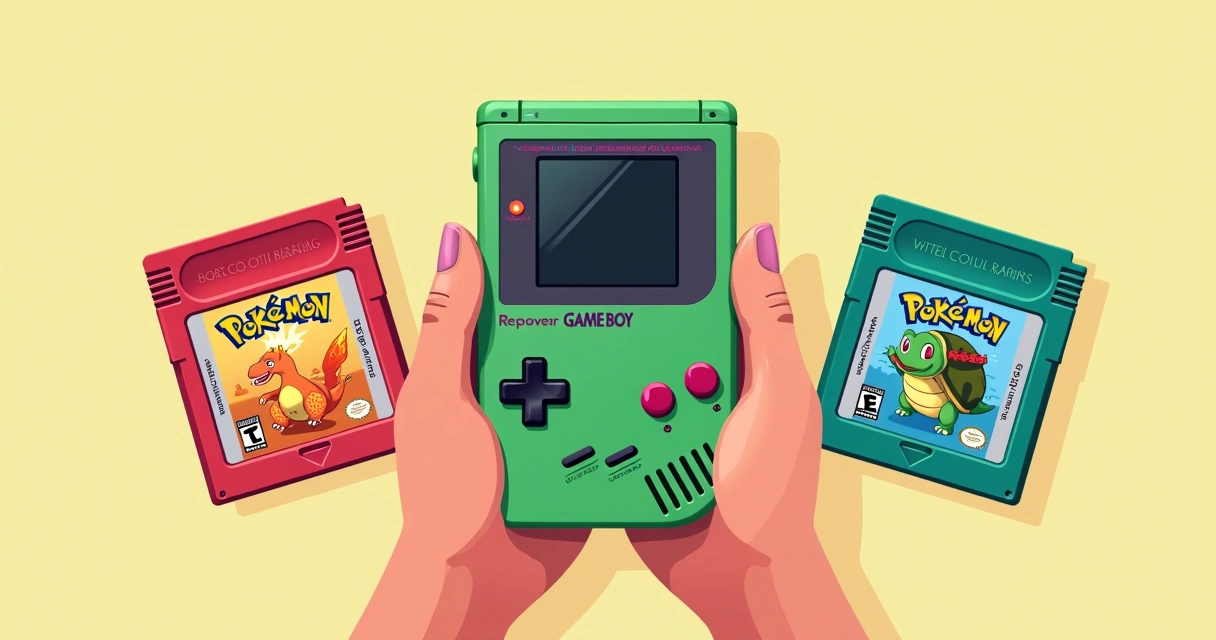 Desenho de Game Boy antigo com Pokémon Red e Blue ao fundo 