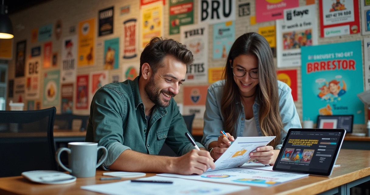 Profissionais desenvolvendo materiais publicitários em agência de Americana 