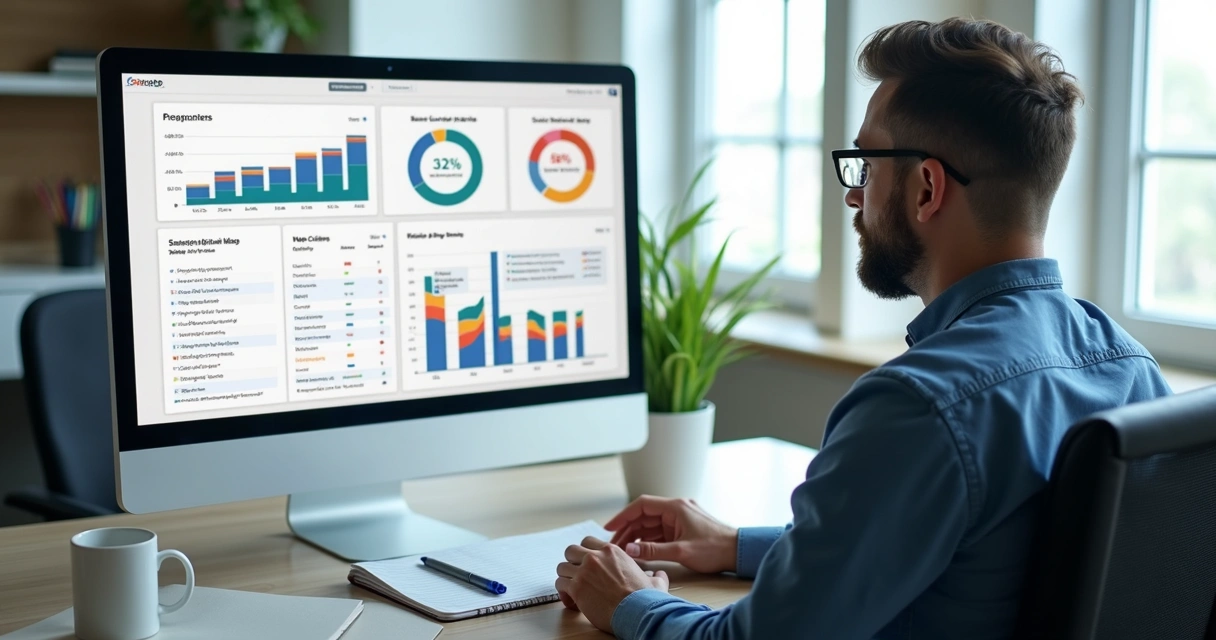 Profissional analisando relatórios de busca para perfis sociais em monitor 