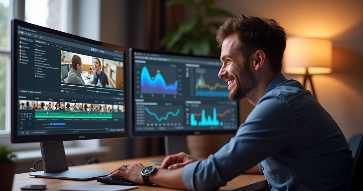 Homem sentado à frente de telas analisando vídeos de cortes automáticos 