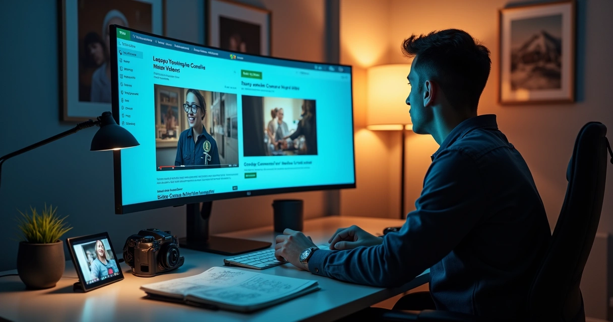 Profissional analisando imagens e vídeos em tela de landing page 