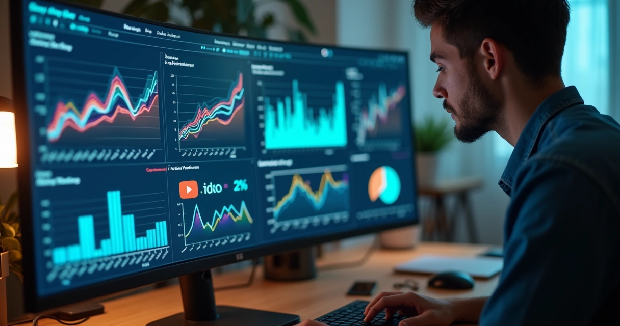 Pessoa analisando gráficos e redes sociais no computador 