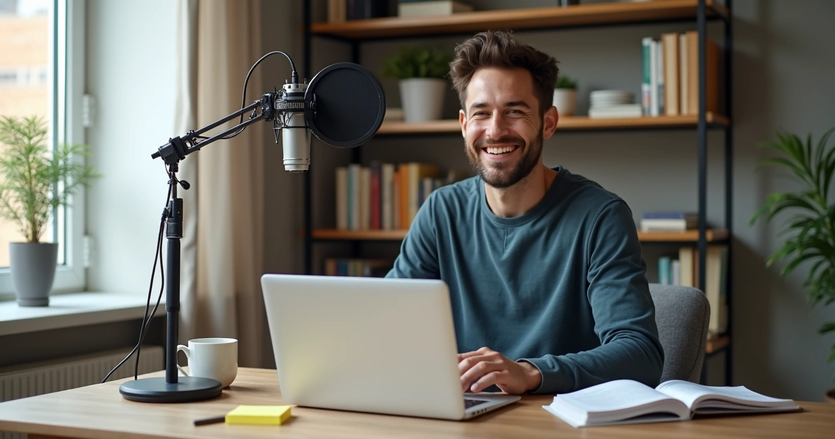 Homem sorrindo gravando vídeo didático em inglês em frente ao notebook