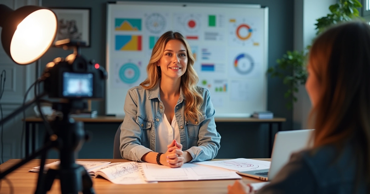 Mulher gravando vídeo de apresentação de projeto com equipamentos de gravação 