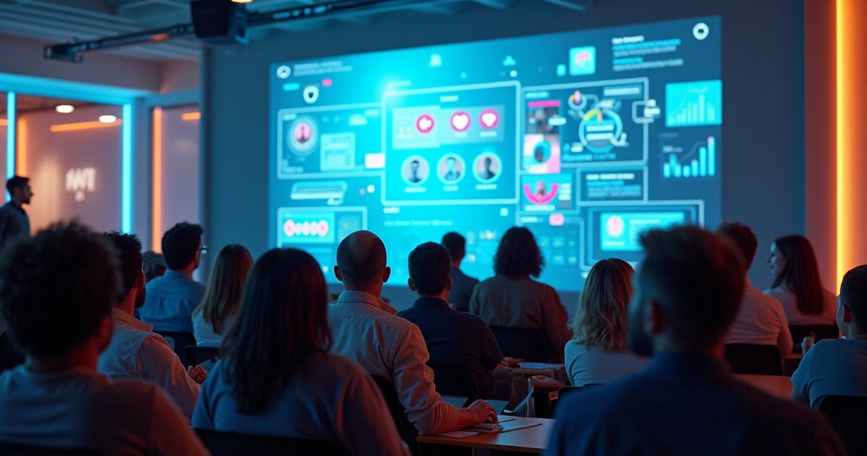 Grupo diverso de pessoas assistindo conteúdo digital projetado em grande tela 