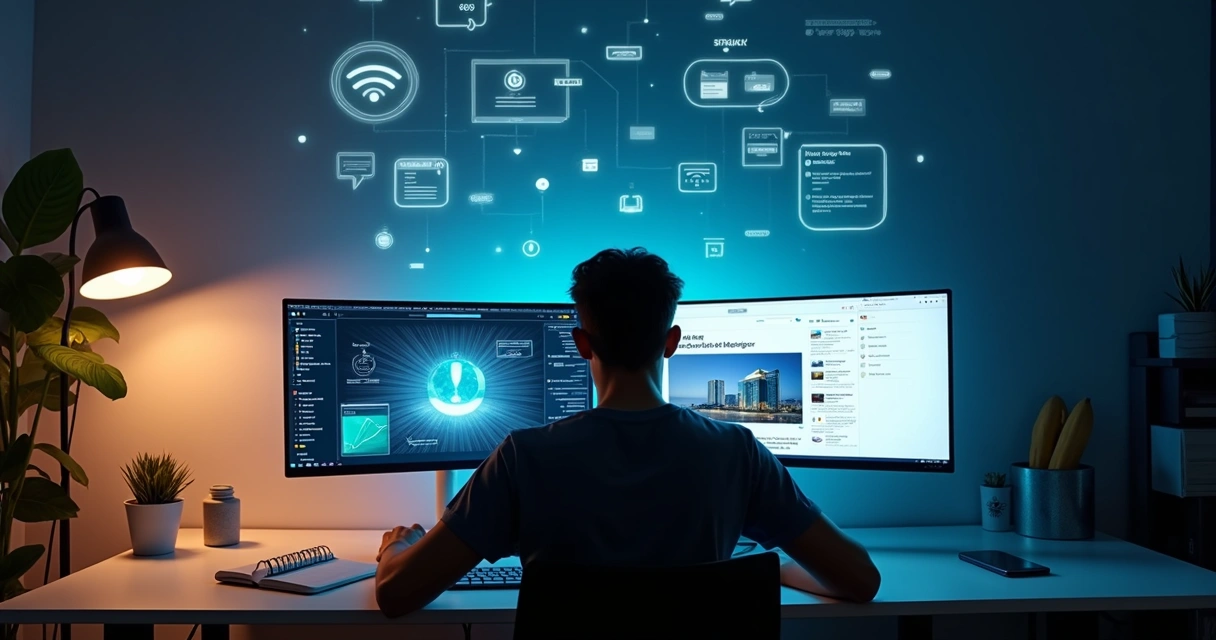 Pessoa montando blog em 2026 com painel de IA em tela gigante 