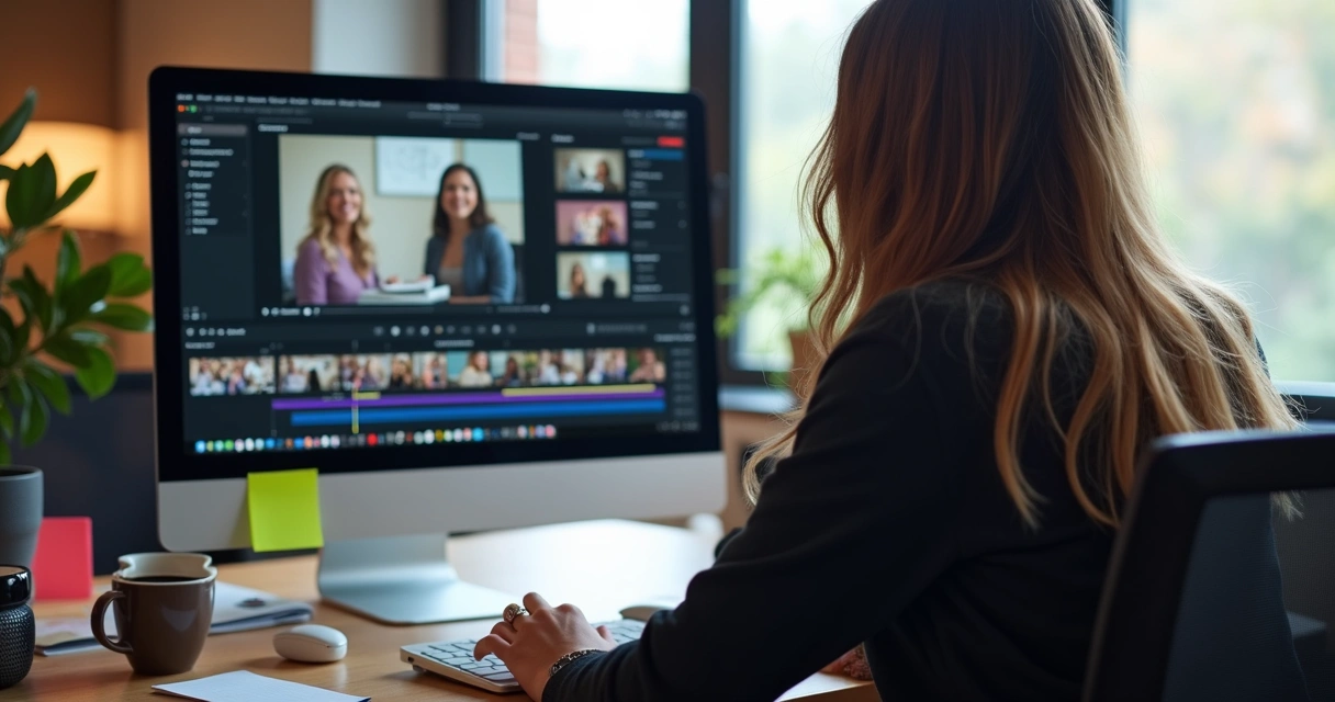 Pessoa editando vídeo com expressão tranquila em ambiente de trabalho 