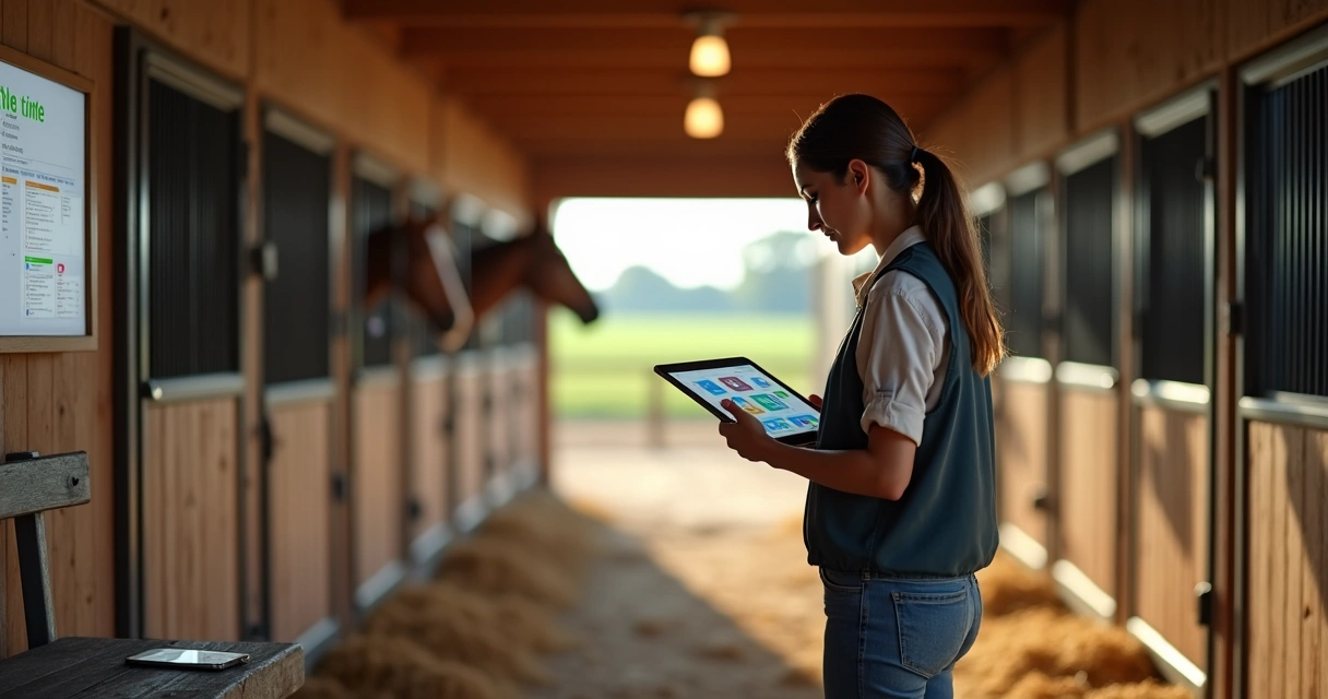 Criador de cavalos usando aplicativos em tablet em haras moderno 