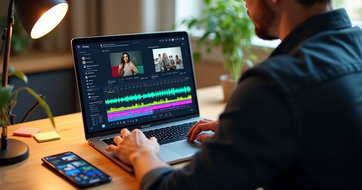 Pessoa usando notebook para editar vídeos curtos para redes sociais 