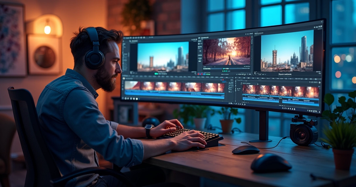 Content creator editing video with screen showing AI tool