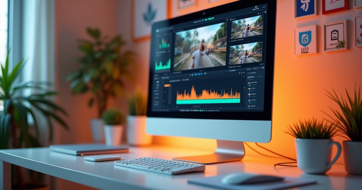 Pessoa editando vídeos curtos em computador moderno, com gráficos de visualizações na tela. 