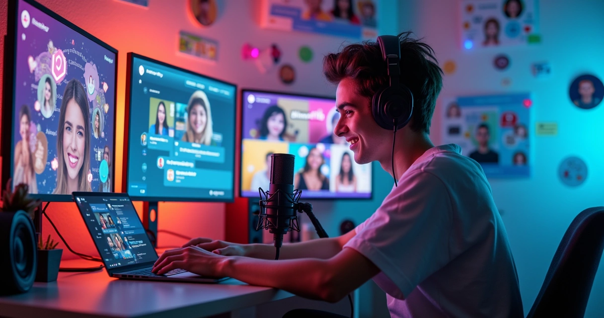Criador de conteúdo interagindo com seguidores em evento digital
