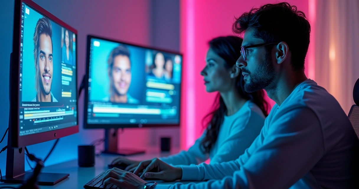 Criador de conteúdo editando vídeo com interface de IA na tela 