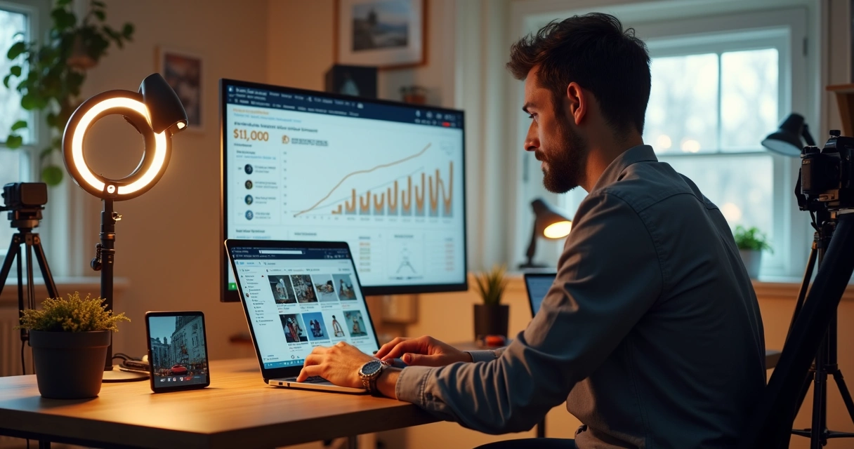 Criador de conteúdo gravando vídeos evergreen sobre produtos da Amazon no notebook 