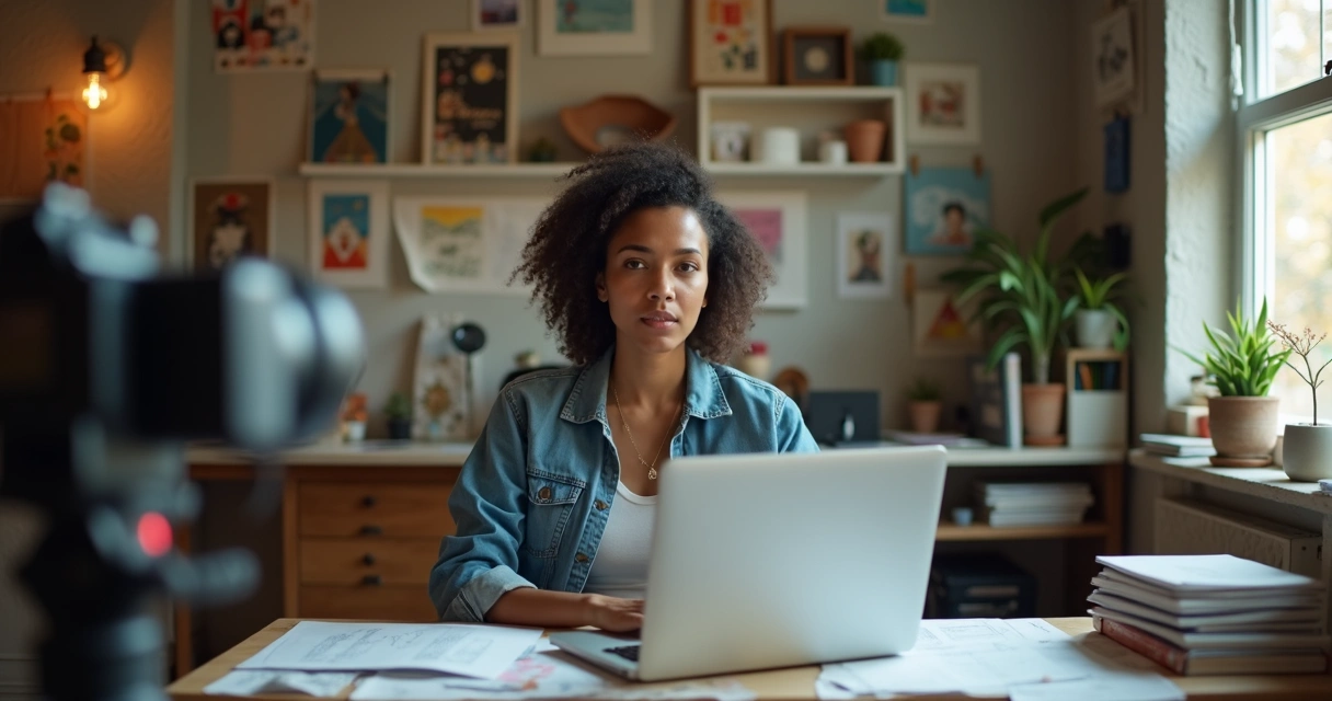 Criador de conteúdo gravando vídeo em cenário criativo e despojado 