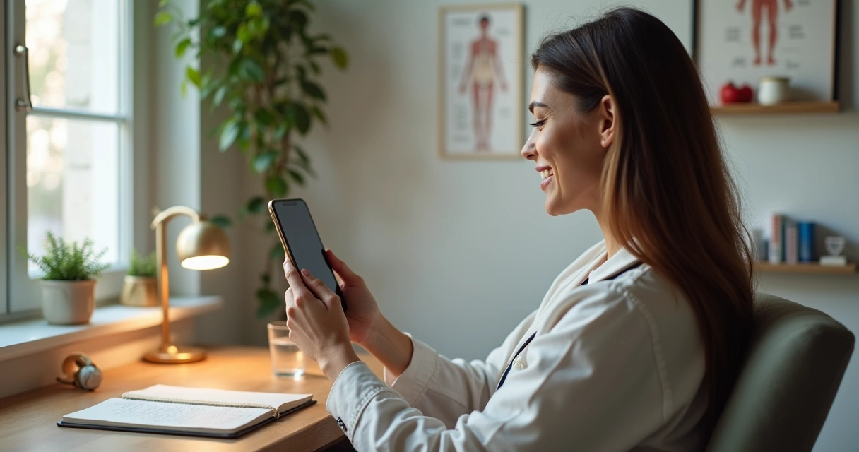 Profissional de saúde gravando vídeo autêntico com smartphone em consultório simples 
