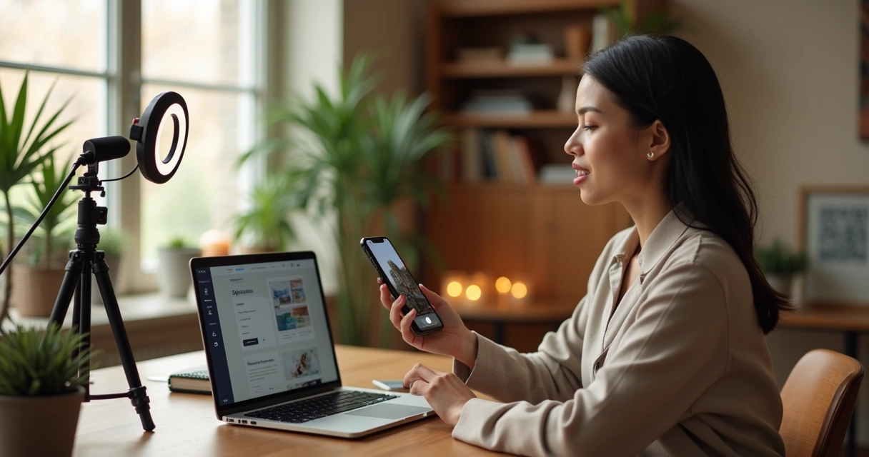Criadora de conteúdo de bem-estar grava vídeo em estúdio aconchegante com notebook e celular 