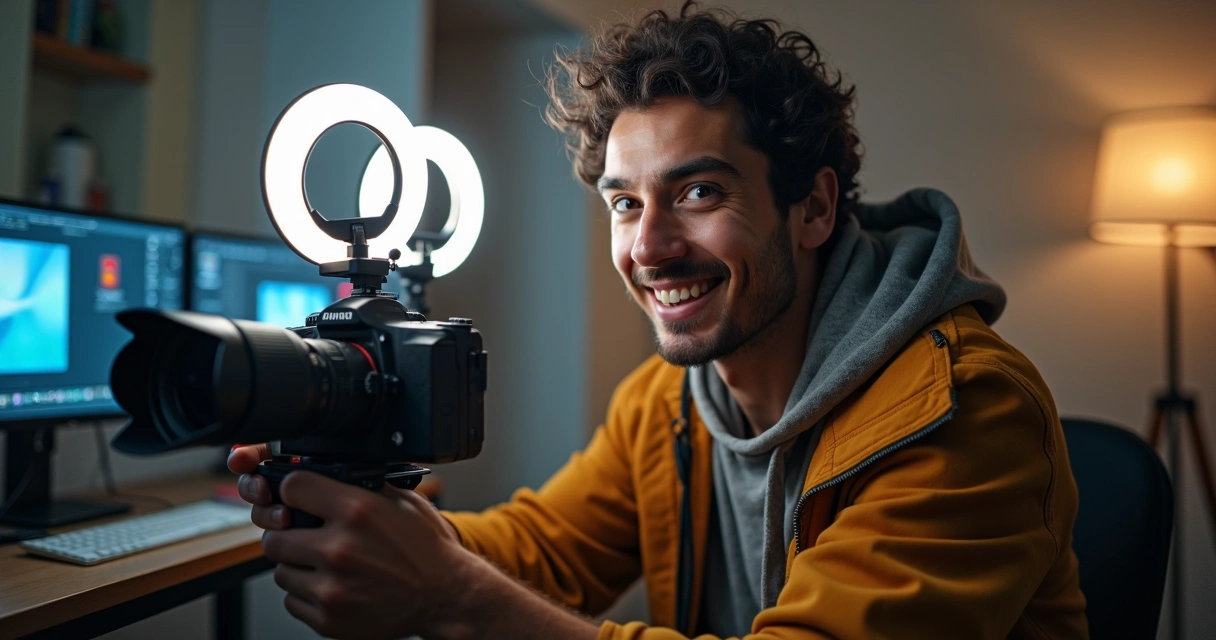 Content creator adjusting camera and lights before recording video