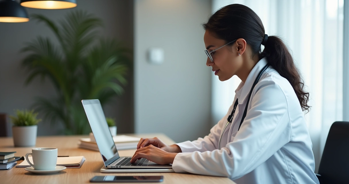 Médico criando conteúdo digital no computador para clínica médica, escritório moderno e iluminado 