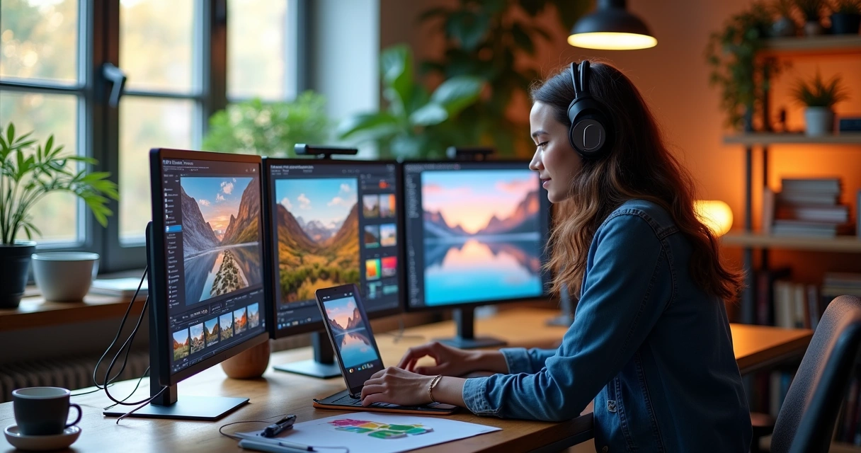 Criador digital produzindo conteúdo em laptop com smartphone e anotações ao redor