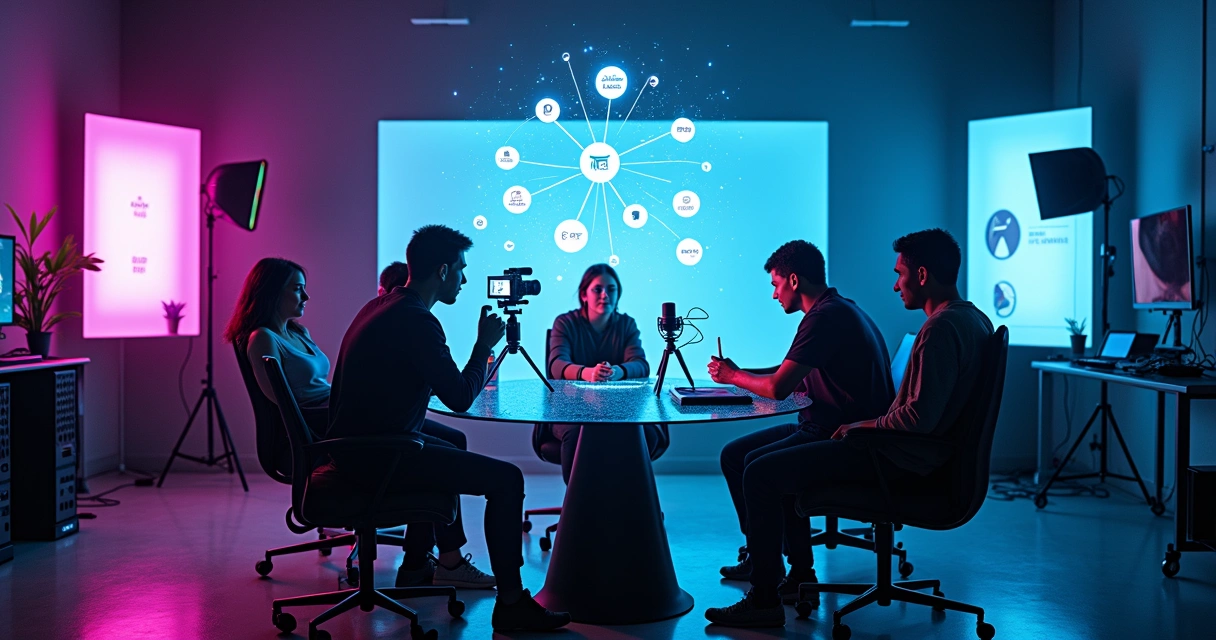 Criadores de conteúdo em estúdio moderno com hologramas de plataformas digitais 