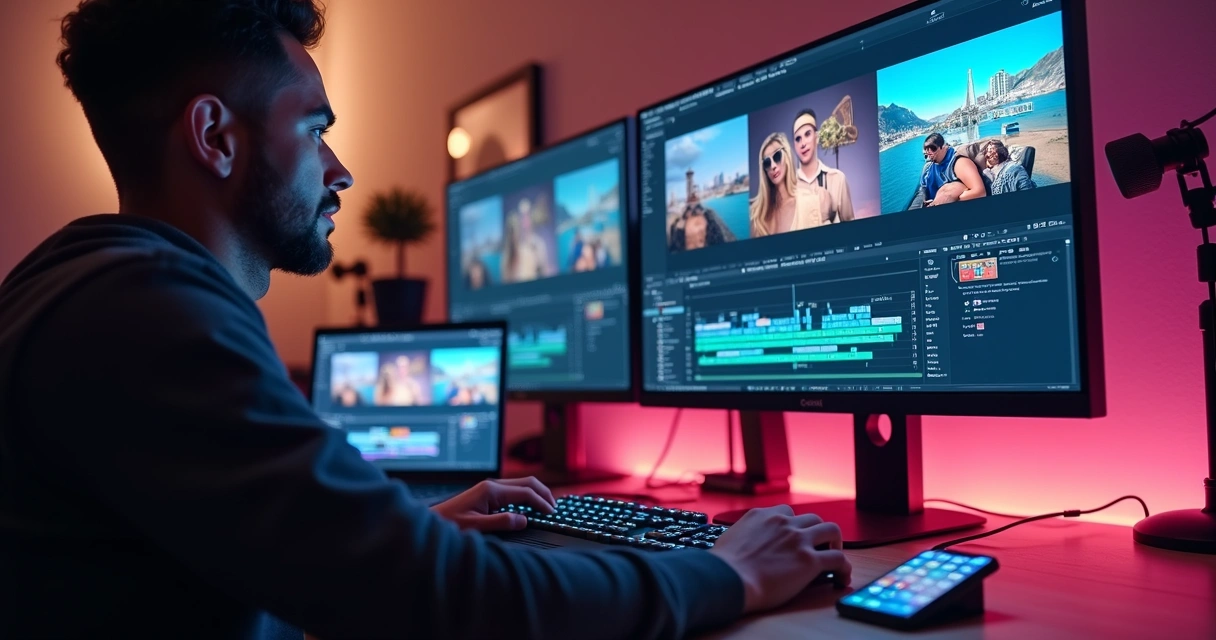 Criador de conteúdo editando cortes de vídeo interativos em computador moderno com várias janelas de vídeo abertas na tela 