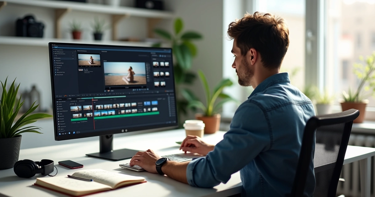 Criador de conteúdo usando computador para editar cortes curtos de vídeo em ambiente moderno e organizado 