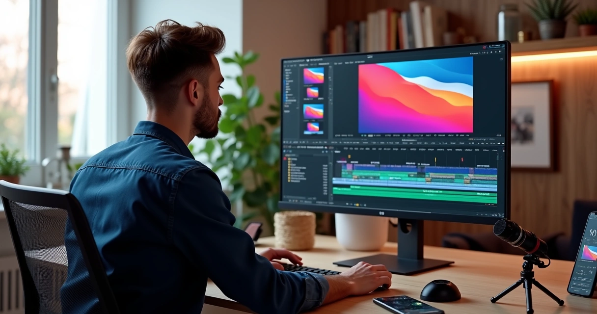 Criador de conteúdo editando vídeos em computador com cortes para YouTube Shorts na tela