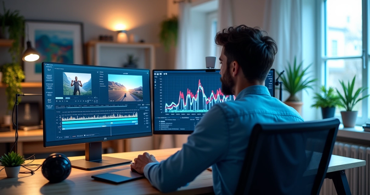 Criador de conteúdo editando vídeos em computador com telas mostrando cortes curtos e gráficos de engajamento 