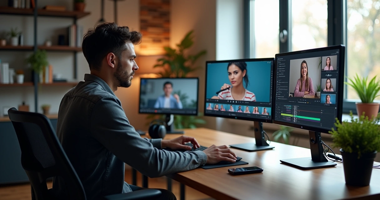 Criador de conteúdo editando cortes de uma live no computador em ambiente moderno 