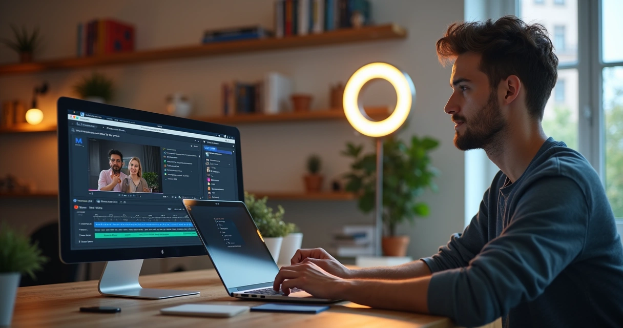 Homem editando vídeo na plataforma VDClip em mesa moderna. 