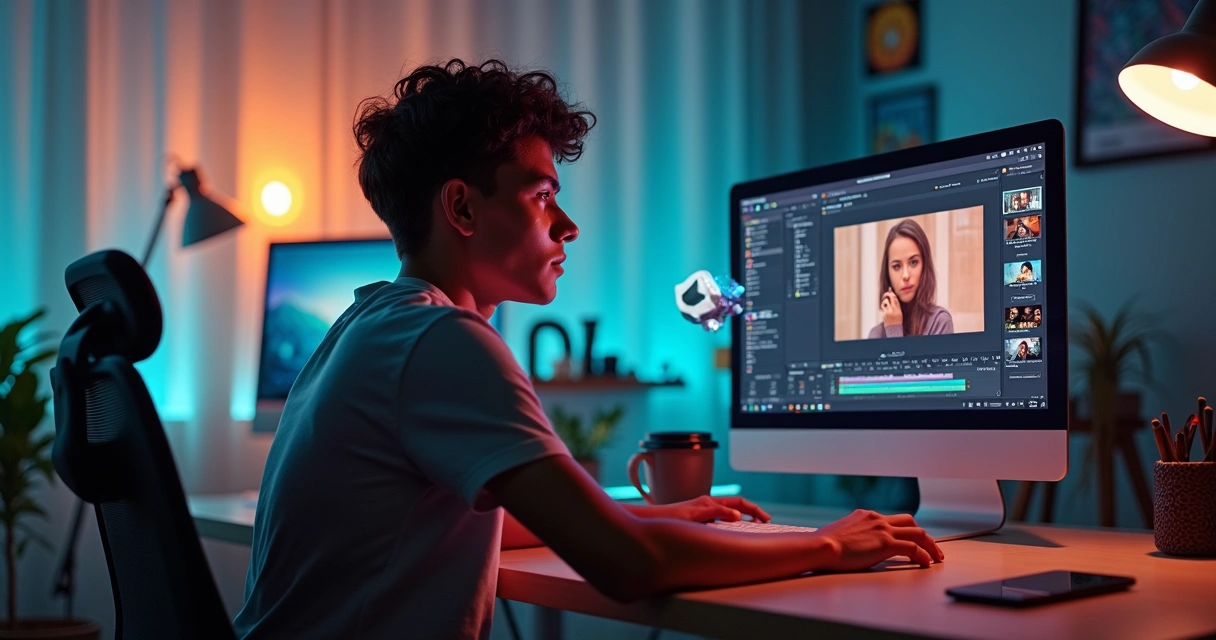 Pessoa usando editor de vídeo VDClip no computador 