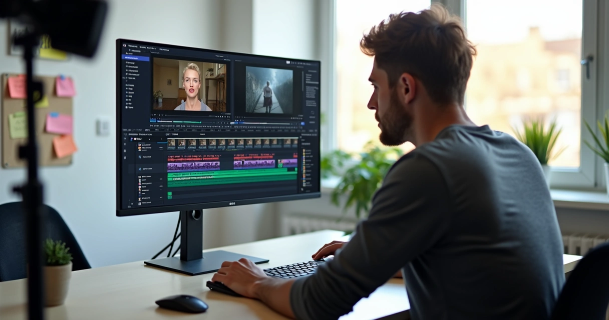 Criador de conteúdo editando vídeo em computador, com linha do tempo e cortes em destaque na tela 