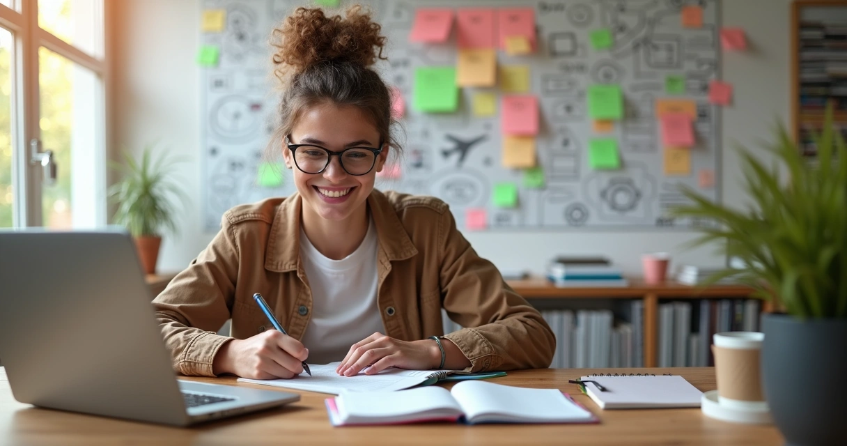 Jovem escrevendo em notebook em ambiente criativo